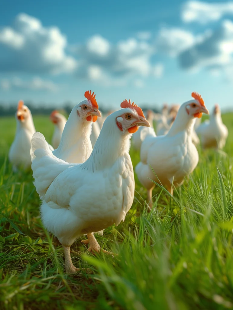 Chickens in a grassy field, golden hour