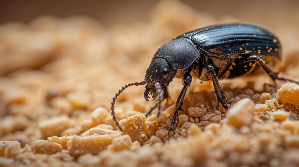 A darkling beetle in a poultry house, close-up