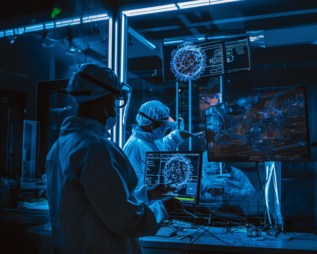 Scientists in a futuristic laboratory studing a virus