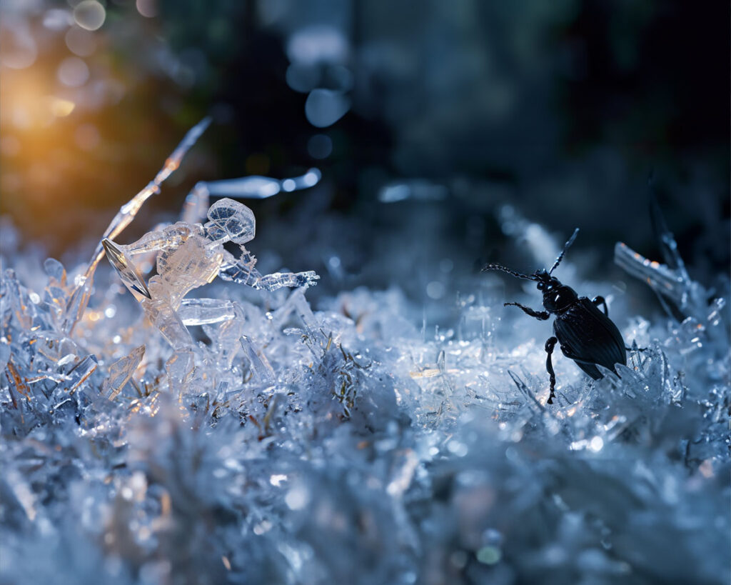 A crystal superhero fighting a bug