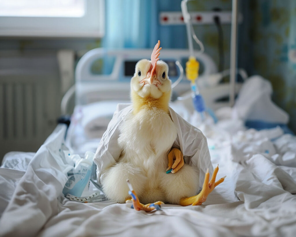 An anthropomorphic chicken in an hospital room receiving medicine through IV