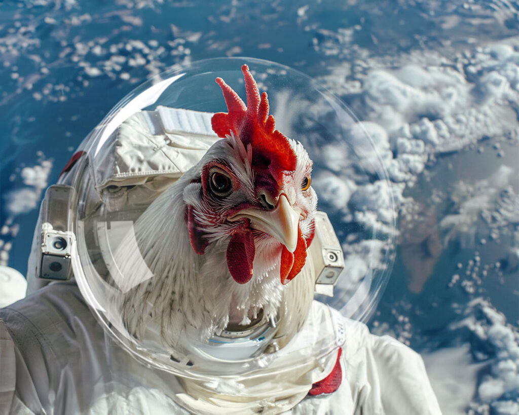 An anthropomorphic chicken dressed as an astrounat in space, Earth at the background